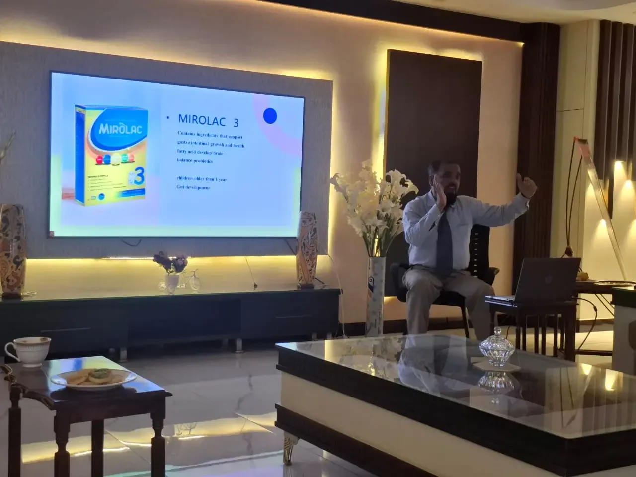 A Mirolac slide on the boardroom screen